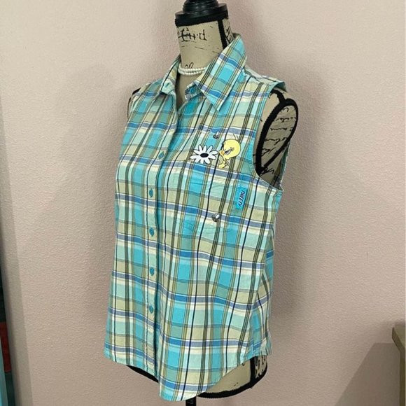 Looney Tunes Vintage Tweety Green/Blue Plaid Sleeveless Button Down Top … - Picture 4 of 9